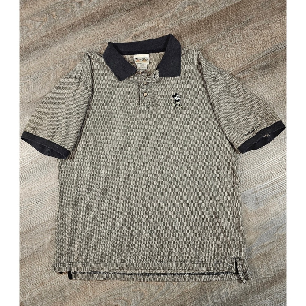 Vintage Walt Disney World Mens Mickey Mouse Herringbone Polo Shirt Large Cotton